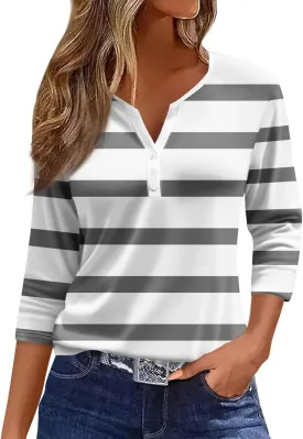 3/4 Length Sleeve Womens Tops V Neck Casual Henley Button Shirts Print Trendy Blouses Summer tee