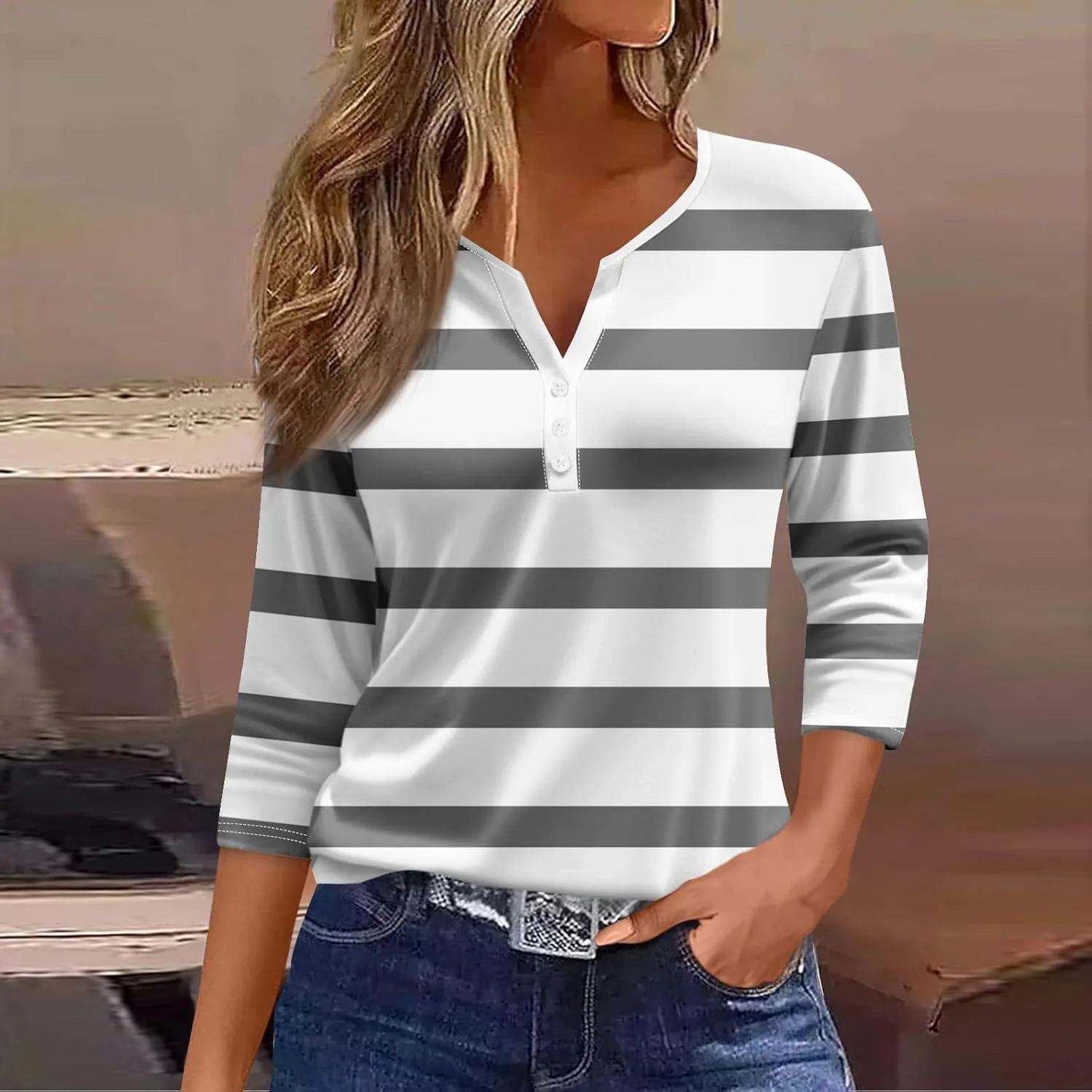 3/4 Length Sleeve Womens Tops V Neck Casual Henley Button Shirts Print Trendy Blouses Summer tee