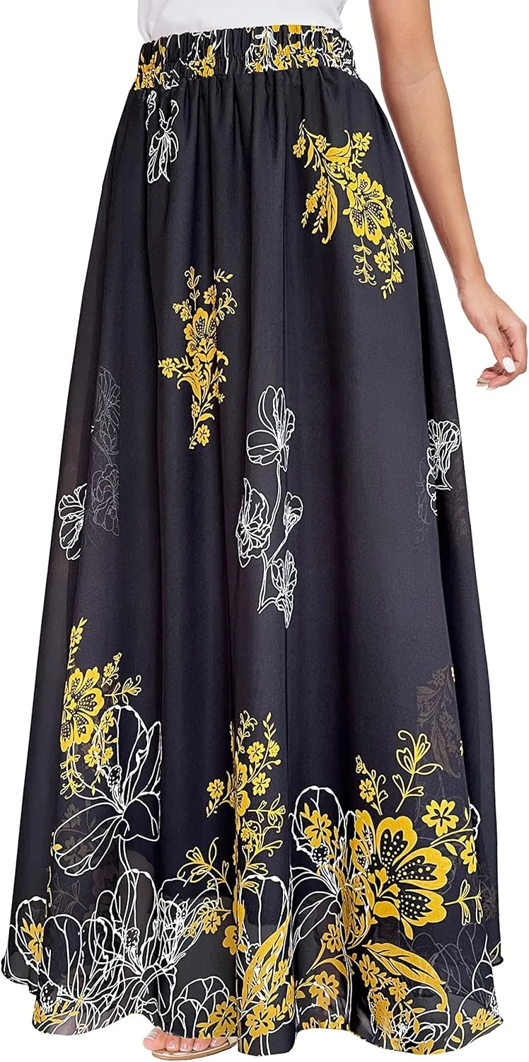 Afibi Women Floral Long Skirts Chiffon Summer Beach High Waisted Maxi Skirts