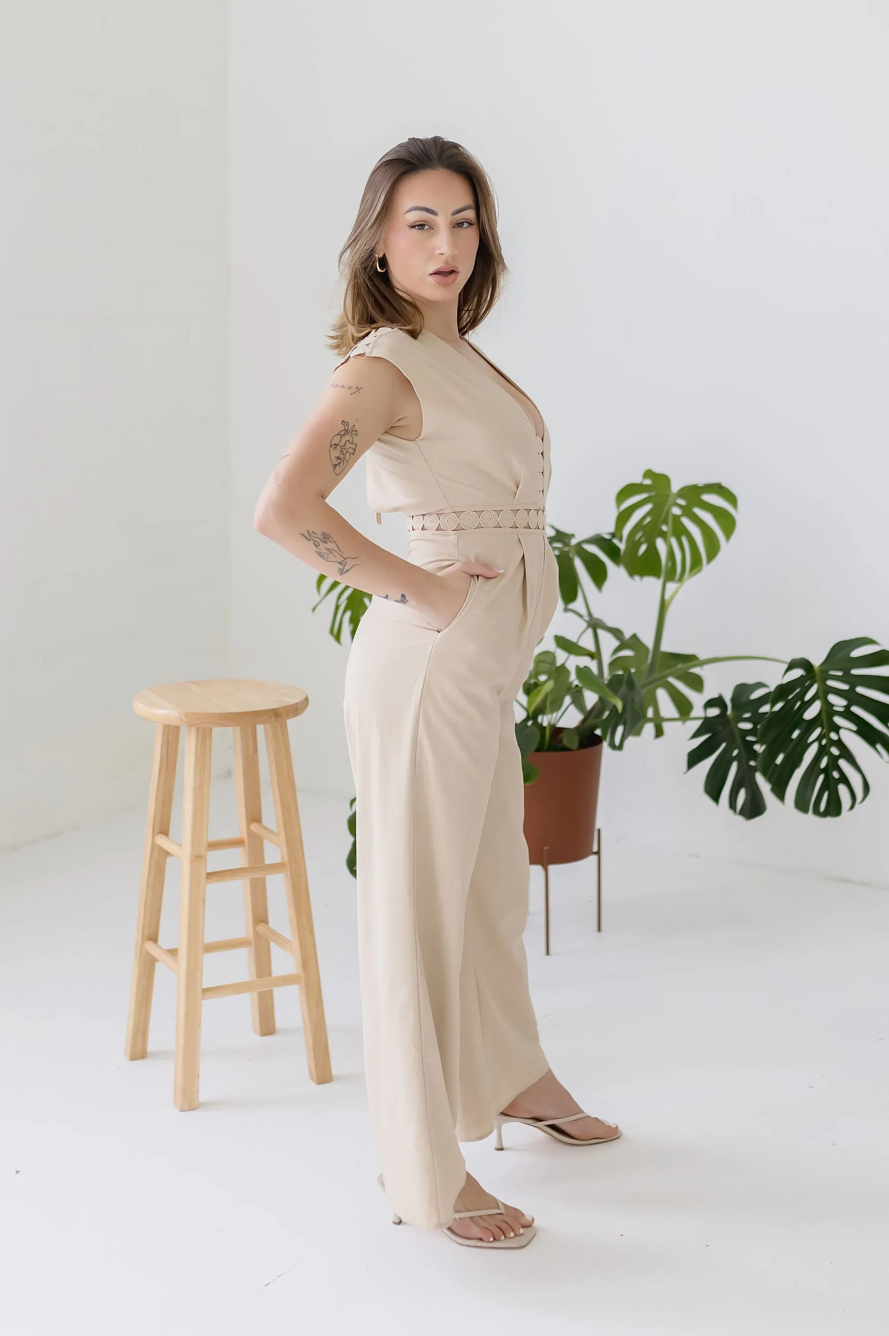 Asher Short Sleeve Lace Crochet Linen Wide Leg Jumpsuit Beige