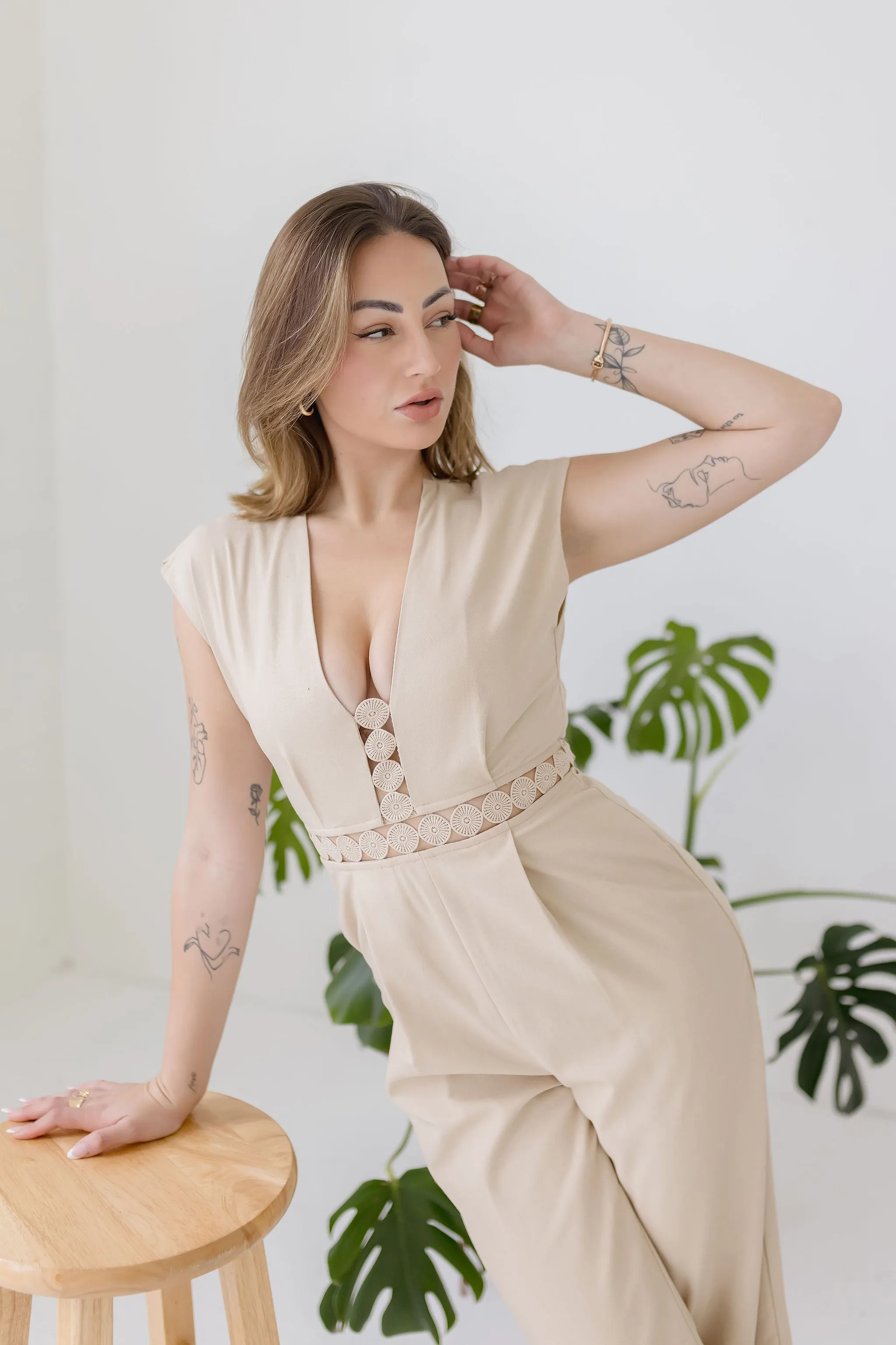 Asher Short Sleeve Lace Crochet Linen Wide Leg Jumpsuit Beige