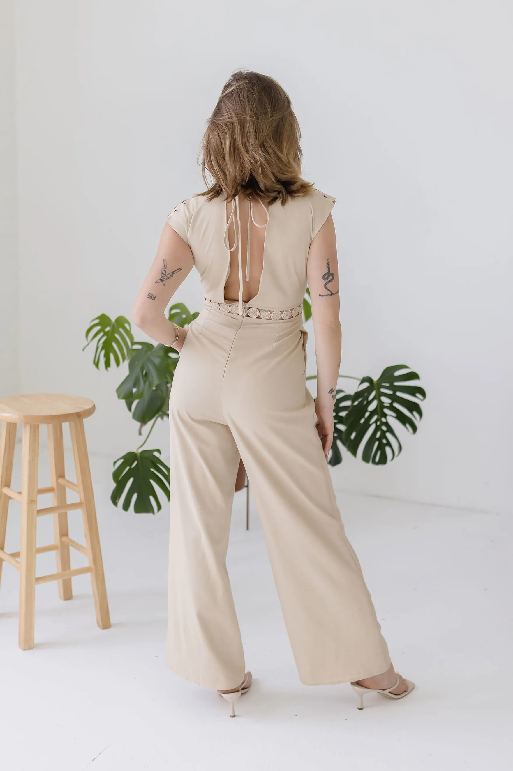 Asher Short Sleeve Lace Crochet Linen Wide Leg Jumpsuit Beige