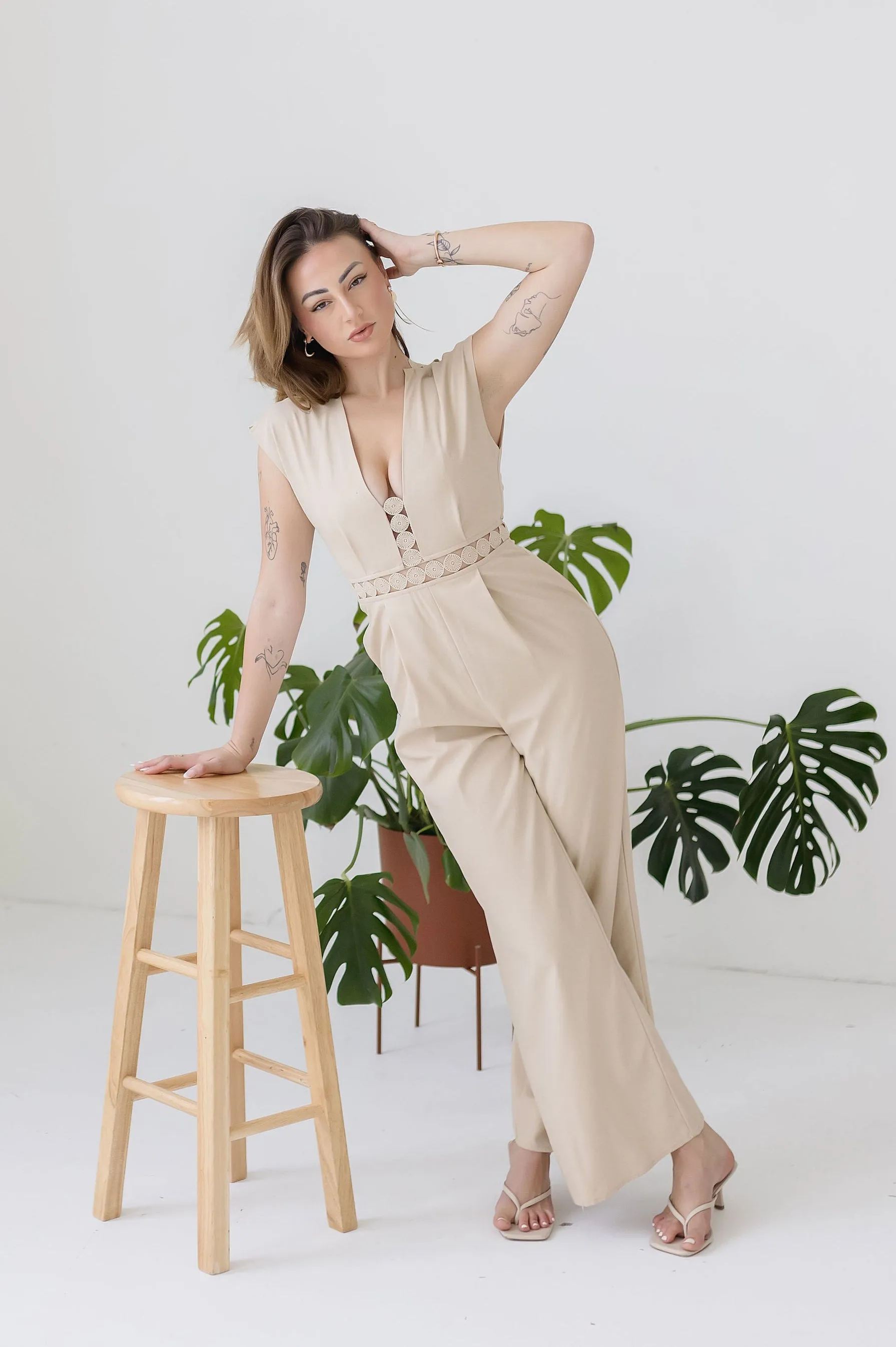 Asher Short Sleeve Lace Crochet Linen Wide Leg Jumpsuit Beige
