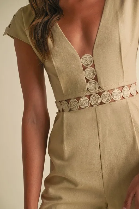 Asher Short Sleeve Lace Crochet Linen Wide Leg Jumpsuit Beige