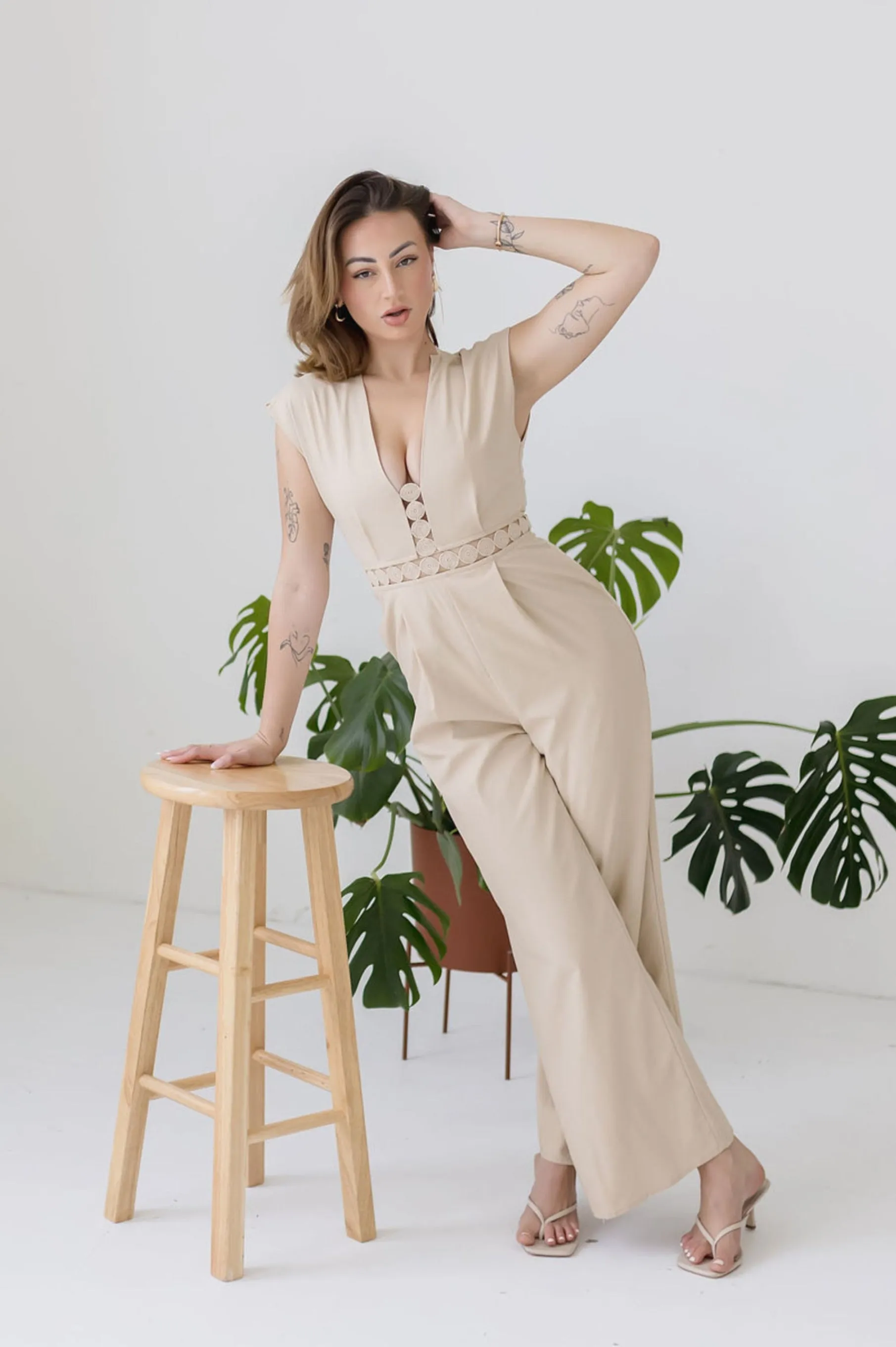 Asher Short Sleeve Lace Crochet Linen Wide Leg Jumpsuit Beige