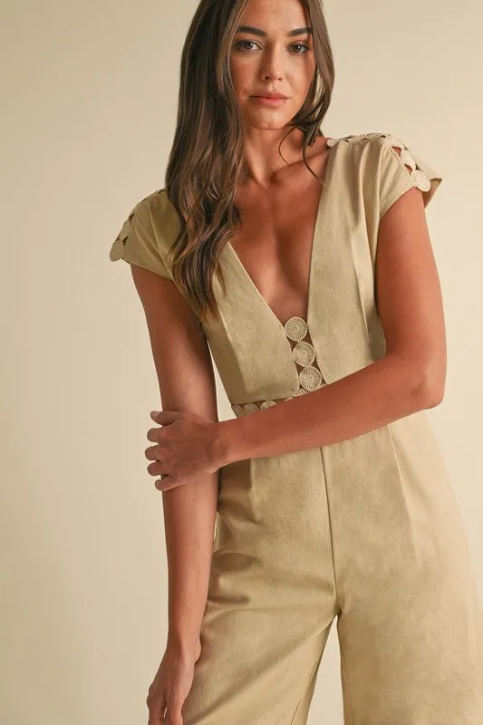 Asher Short Sleeve Lace Crochet Linen Wide Leg Jumpsuit Beige
