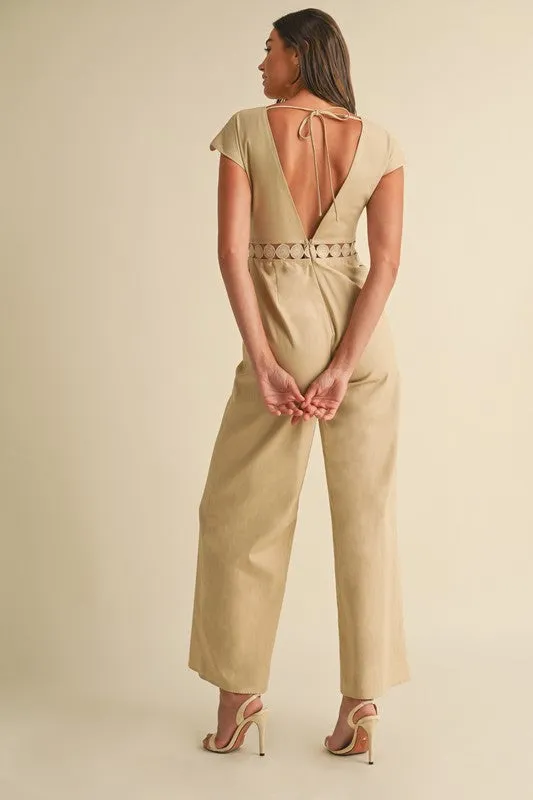 Asher Short Sleeve Lace Crochet Linen Wide Leg Jumpsuit Beige