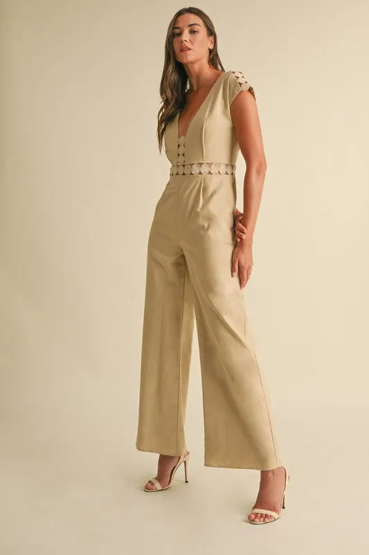 Asher Short Sleeve Lace Crochet Linen Wide Leg Jumpsuit Beige