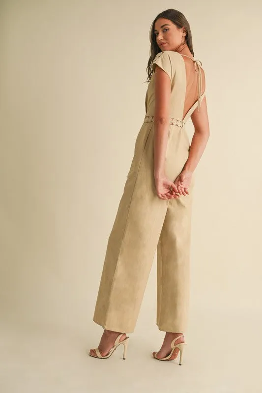 Asher Short Sleeve Lace Crochet Linen Wide Leg Jumpsuit Beige