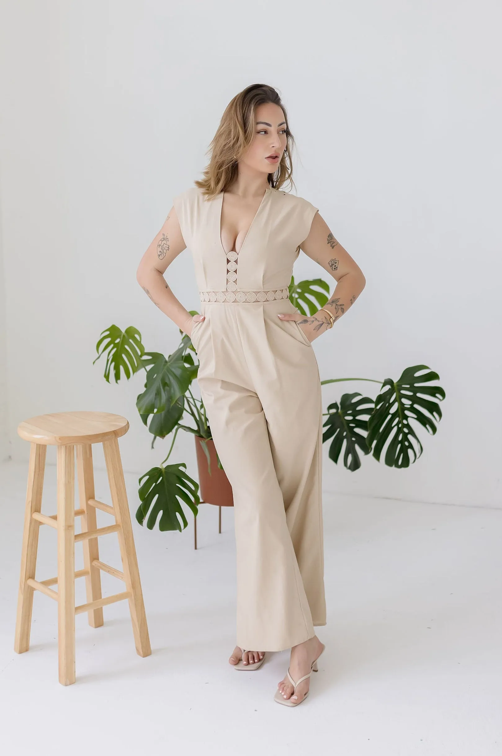 Asher Short Sleeve Lace Crochet Linen Wide Leg Jumpsuit Beige
