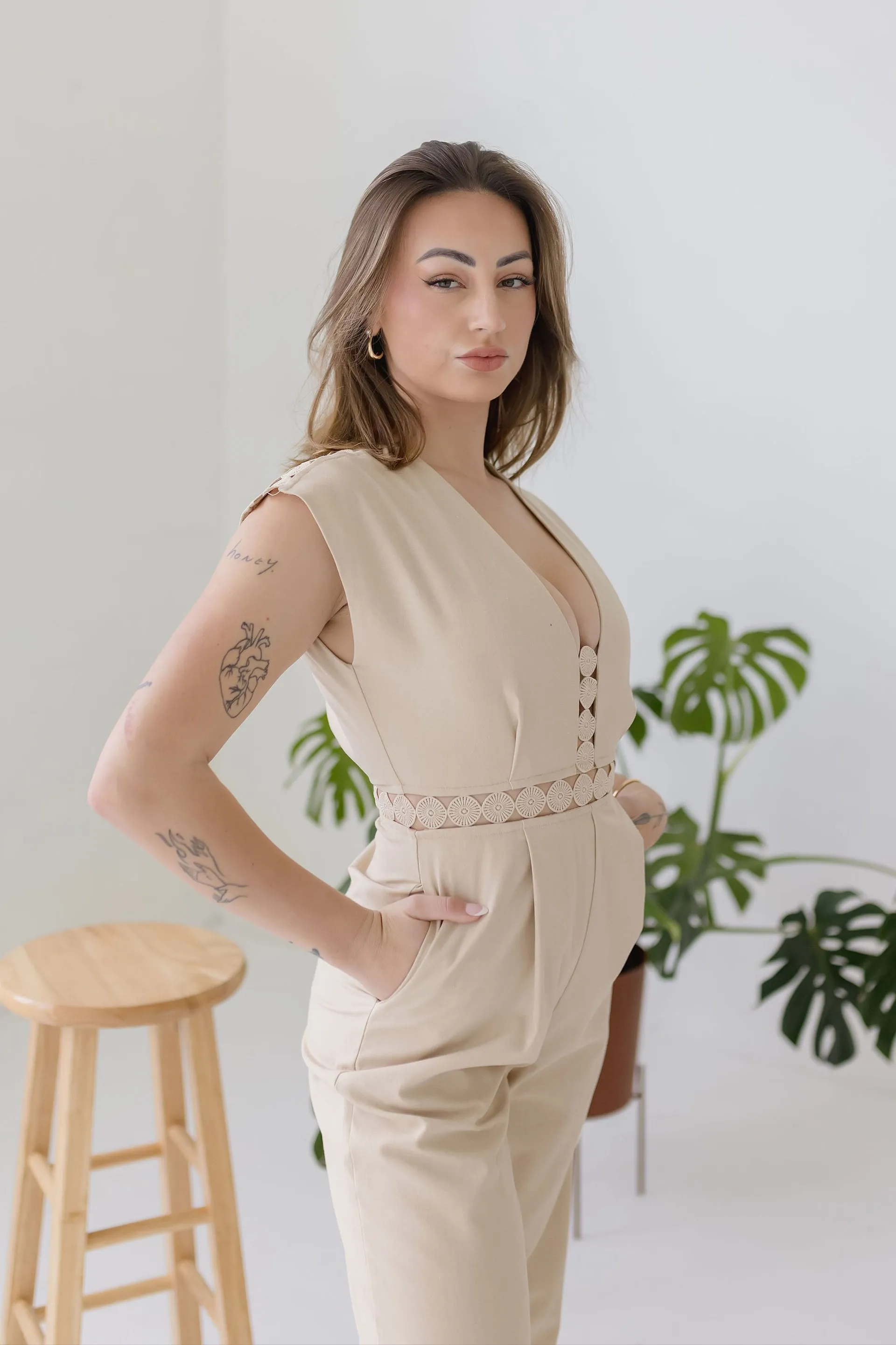 Asher Short Sleeve Lace Crochet Linen Wide Leg Jumpsuit Beige