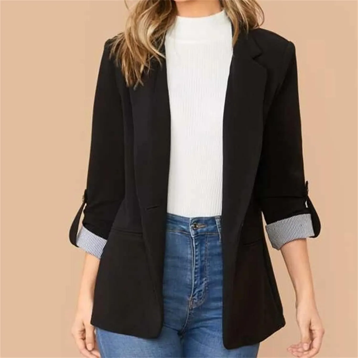 Blazers for Women Bussiness Casual 3/4 Sleeves Dressy Blazer Jackets Open Front Work Office Button Solid Suite Jacket