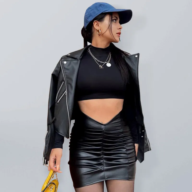 Blue Zone Planet |  Fashion temperament solid color pleated PU bag hip skirt female skirt