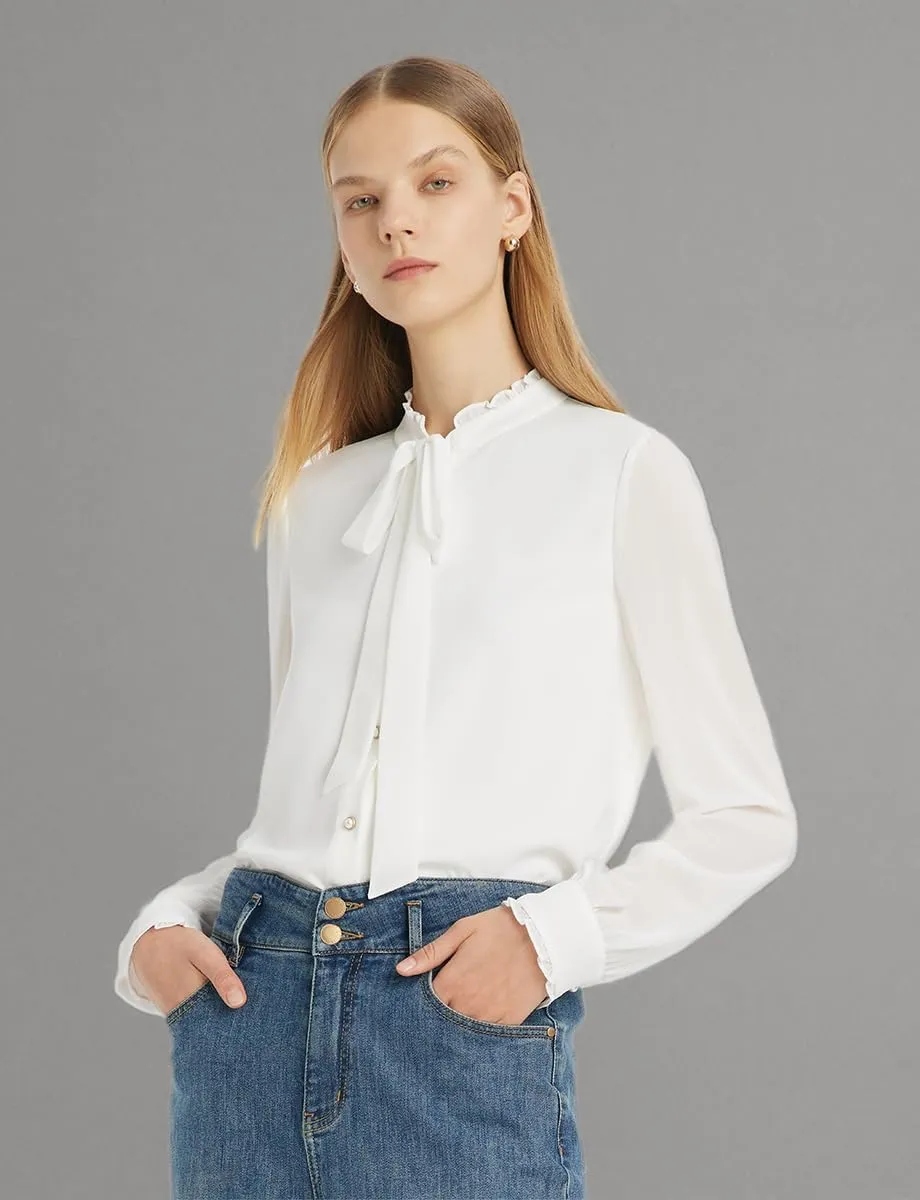 Bow Tie Ruffle Collar Long Sleeve Shirts for Women White Button Up Blouses for Women