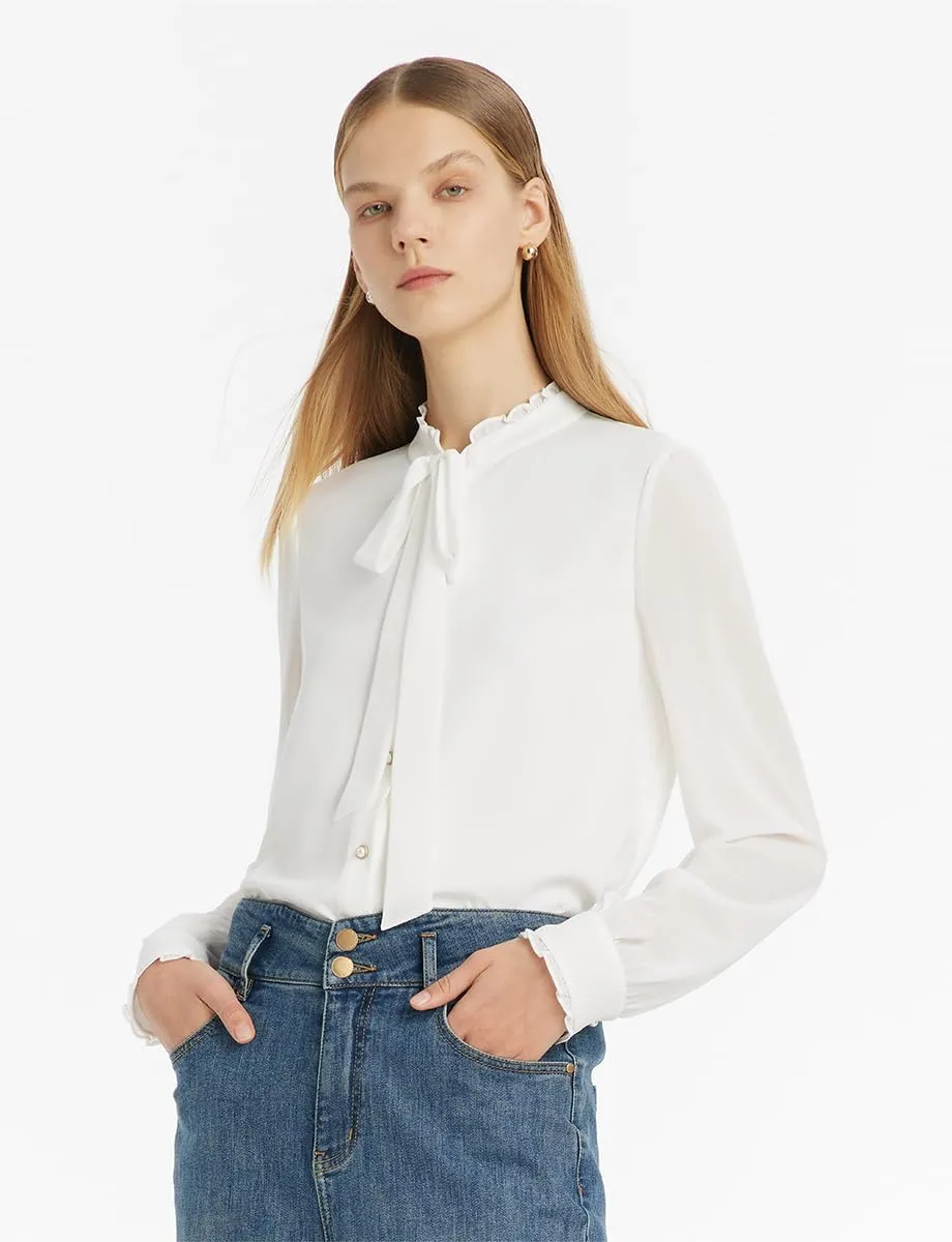 Bow Tie Ruffle Collar Long Sleeve Shirts for Women White Button Up Blouses for Women