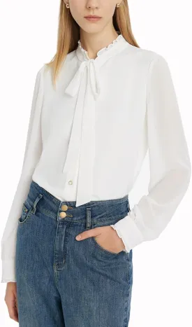 Bow Tie Ruffle Collar Long Sleeve Shirts for Women White Button Up Blouses for Women