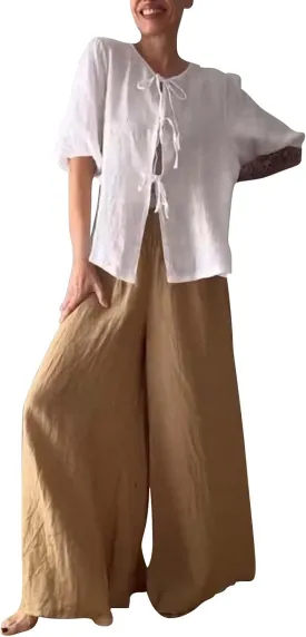 Casual Linen Sets for Women Plus Size Trendy Summer 2 Piece Outfits Half Sleeve Shirt and Wide Leg Pant Suit Jumpsuits