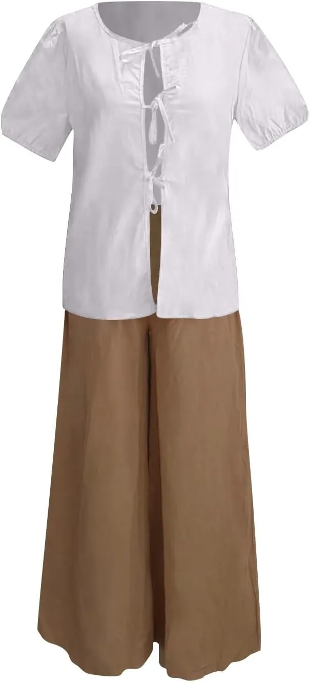 Casual Linen Sets for Women Plus Size Trendy Summer 2 Piece Outfits Half Sleeve Shirt and Wide Leg Pant Suit Jumpsuits