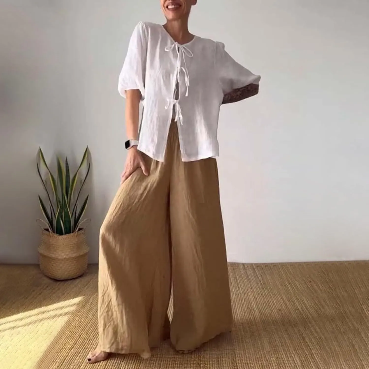 Casual Linen Sets for Women Plus Size Trendy Summer 2 Piece Outfits Half Sleeve Shirt and Wide Leg Pant Suit Jumpsuits
