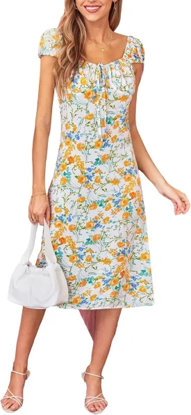 CUPSHE Women's Boho Dress Tie Front Floral Square Neck Short Sleeve Square Neck Split Midi Dresses