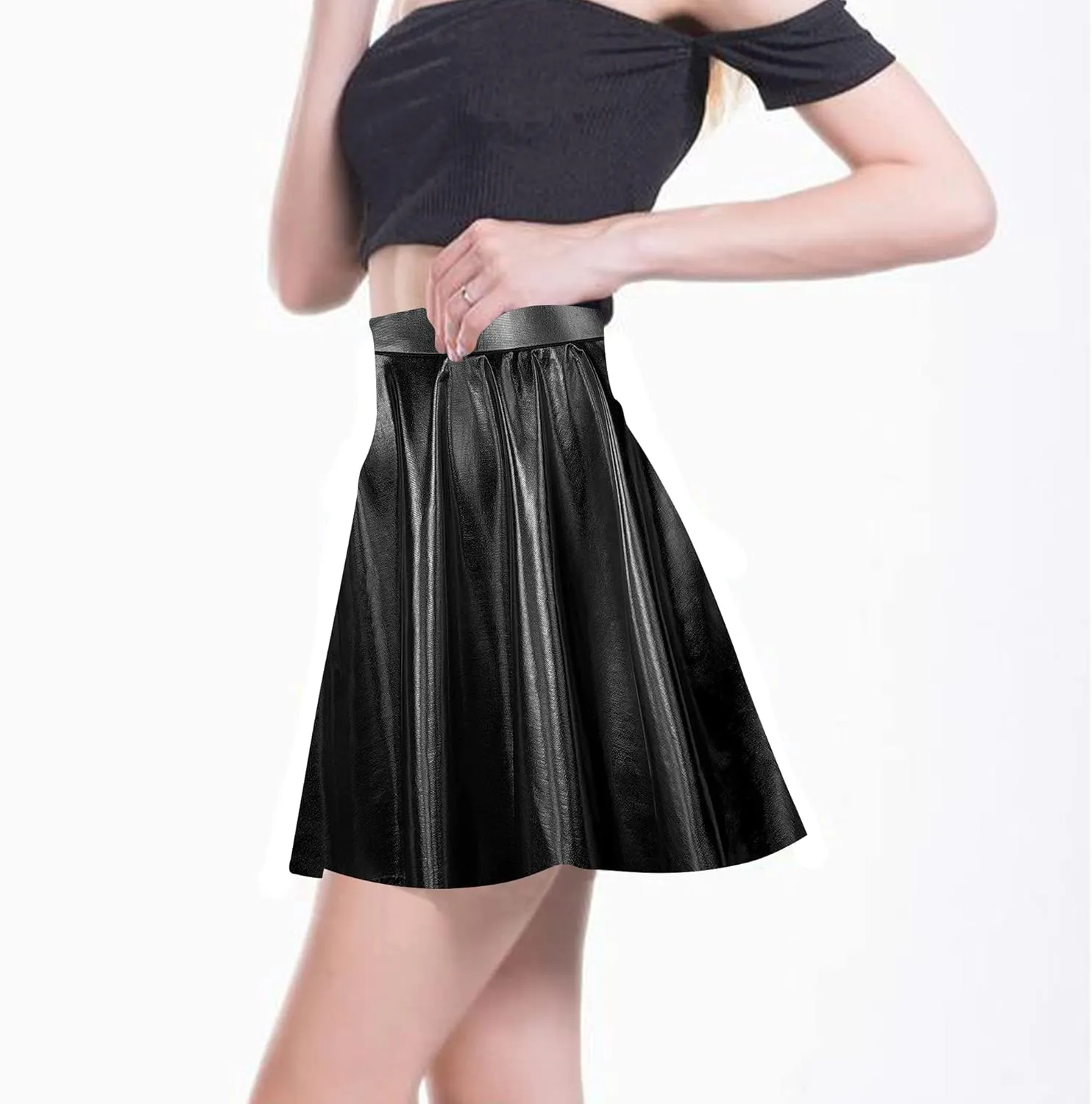 DOOVID Women's Shiny Metallic Skirt Flared Pleated Shiny Skirts Halloween Mini Skater Skirts