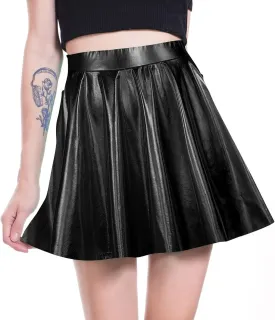 DOOVID Women's Shiny Metallic Skirt Flared Pleated Shiny Skirts Halloween Mini Skater Skirts