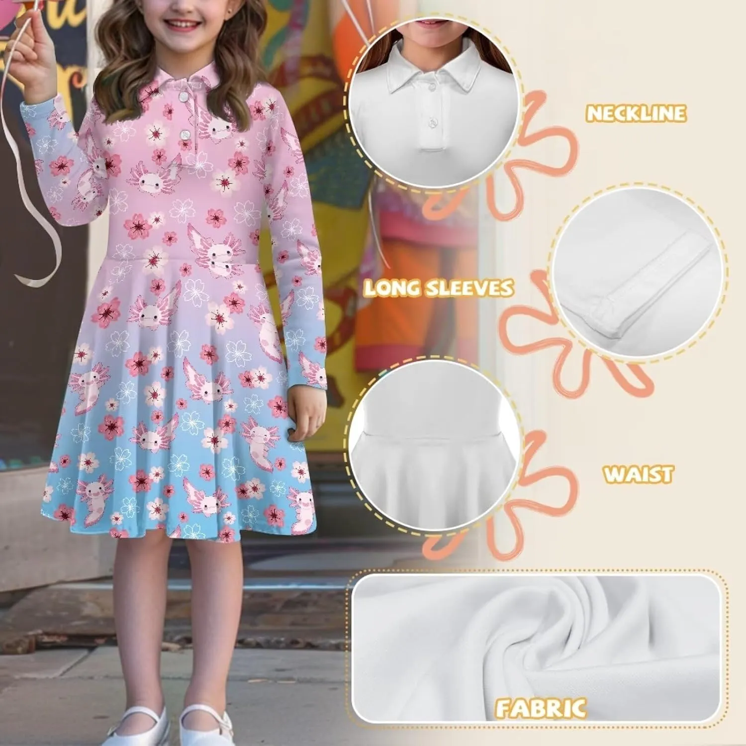 Dress for Girl 3-14T Fall Long Sleeve Clothes A Line Swing Twirly Skater Tunic Dresses Kids Back to School Outfits