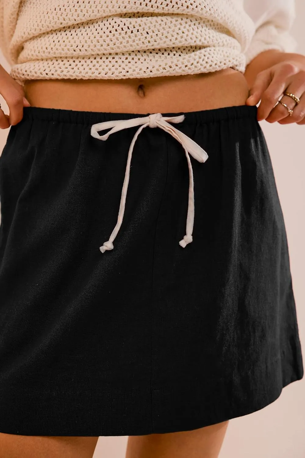 EsheSy Womens Cotton Linen Mini Skirts Drawcord Waist Short A-Line Skirts with Pockets