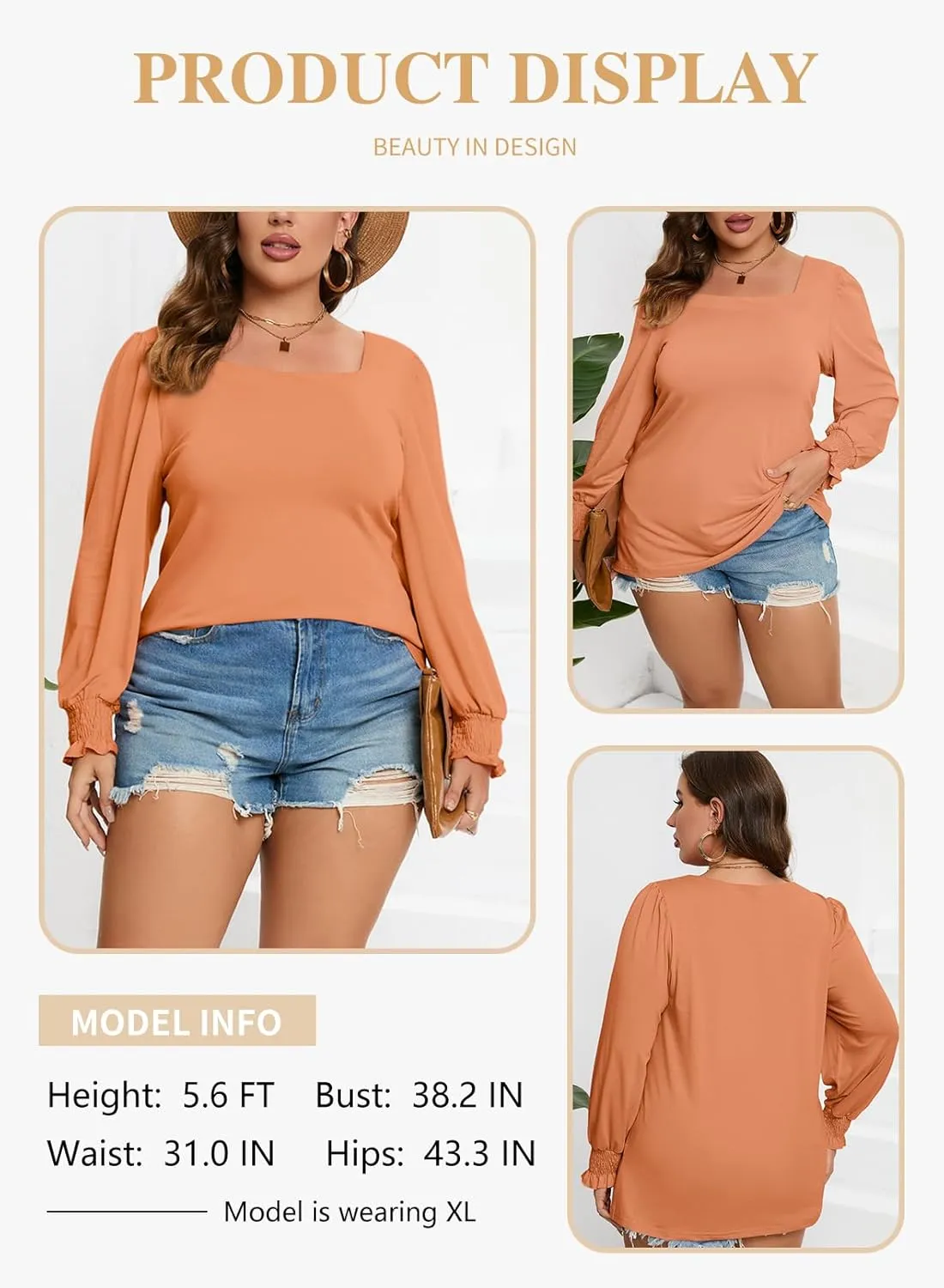 Eytino Plus Size Tops for Women Square Neck Puff Sleeve Summer Casual Loose Blouse Shirts(1X-5X)