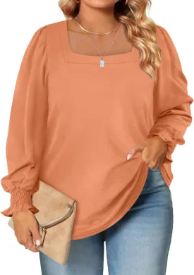 Eytino Plus Size Tops for Women Square Neck Puff Sleeve Summer Casual Loose Blouse Shirts(1X-5X)
