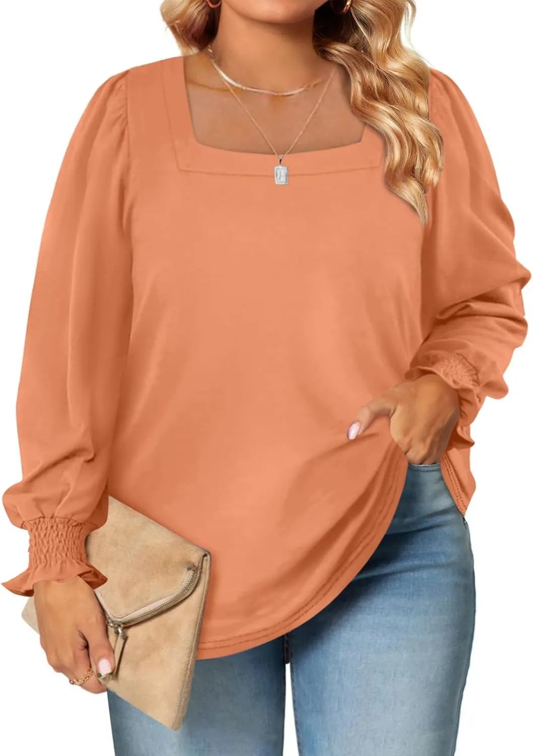 Eytino Plus Size Tops for Women Square Neck Puff Sleeve Summer Casual Loose Blouse Shirts(1X-5X)