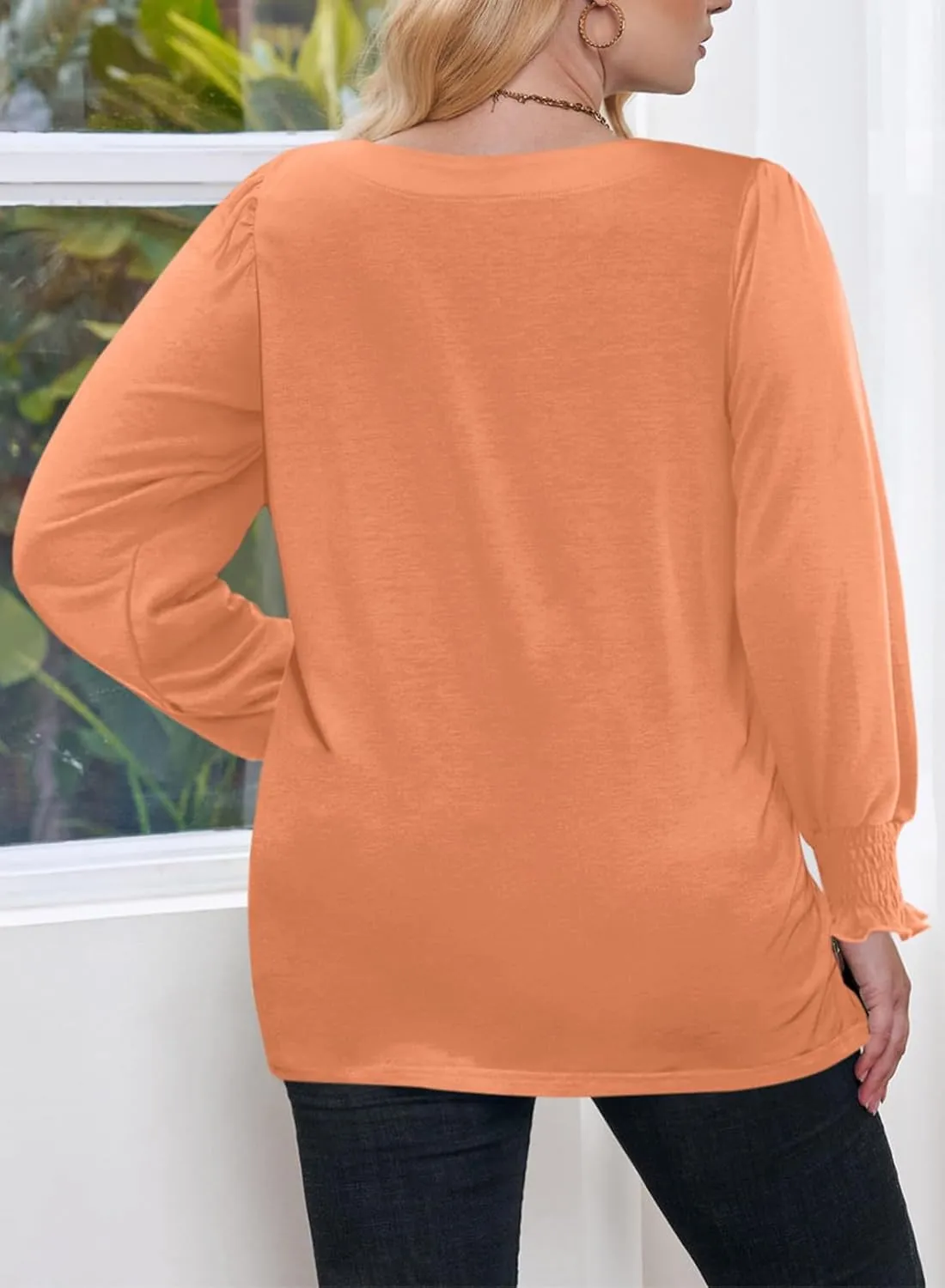 Eytino Plus Size Tops for Women Square Neck Puff Sleeve Summer Casual Loose Blouse Shirts(1X-5X)