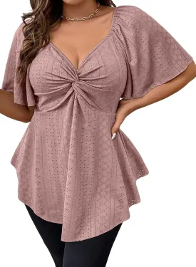 Eytino Womens Plus Size Tops Twist Front V Neck Short Sleeve Eyelet Embroidery Summer Loose Blouse Shirts(1X-5X)