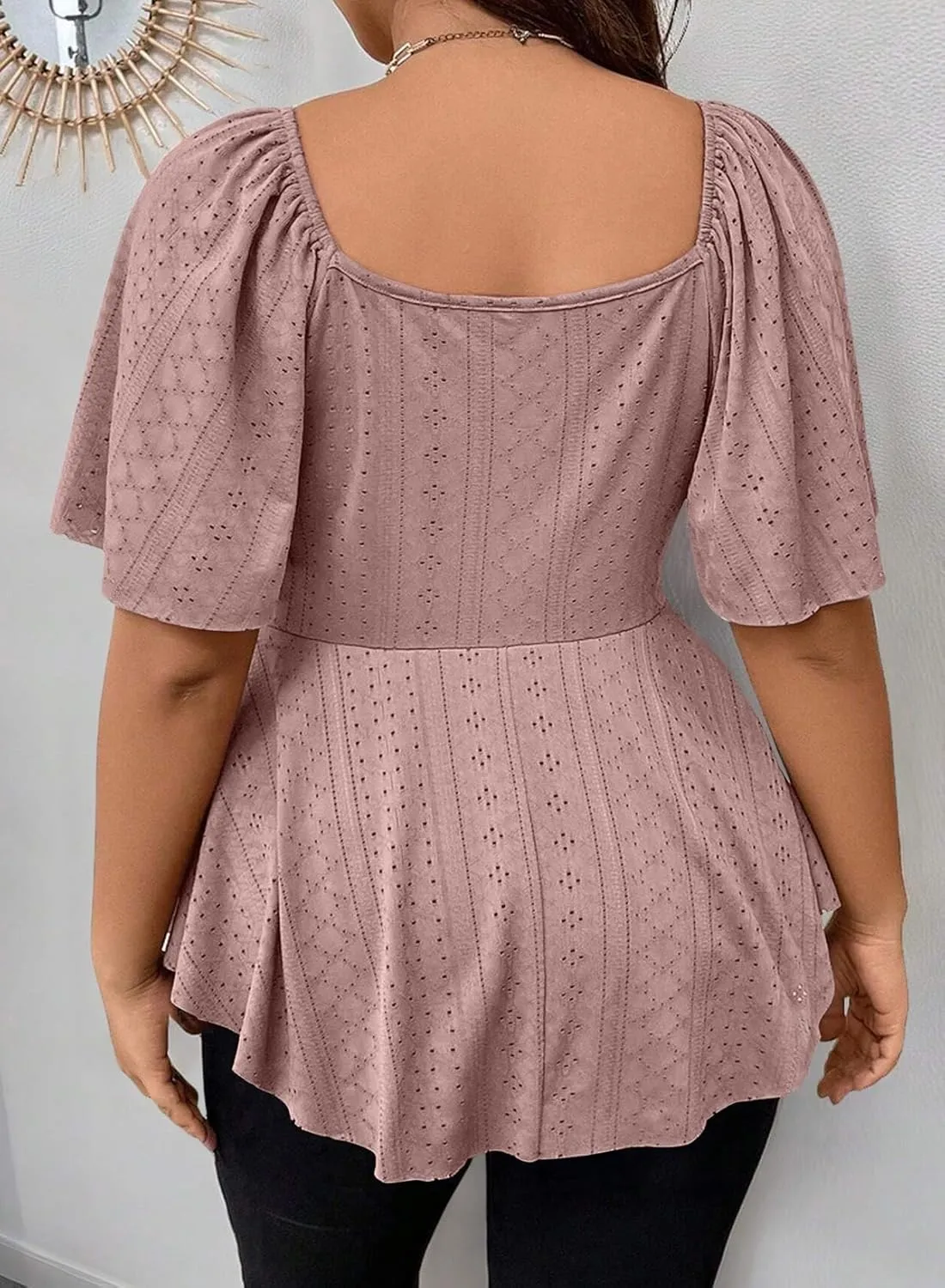 Eytino Womens Plus Size Tops Twist Front V Neck Short Sleeve Eyelet Embroidery Summer Loose Blouse Shirts(1X-5X)