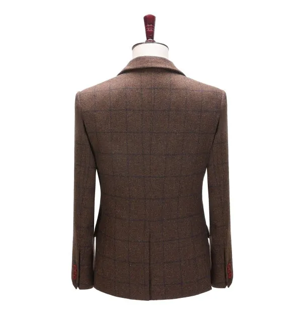 Formal Men's Coffee Plaid Notch Lapel Blazer