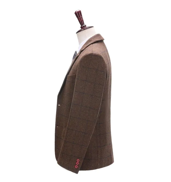 Formal Men's Coffee Plaid Notch Lapel Blazer