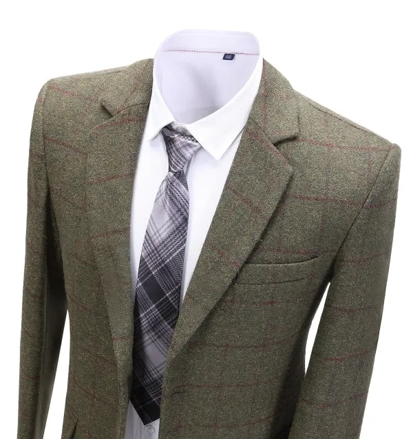 Formal Men's Tweed Green Plaid Notch Lapel Blazer