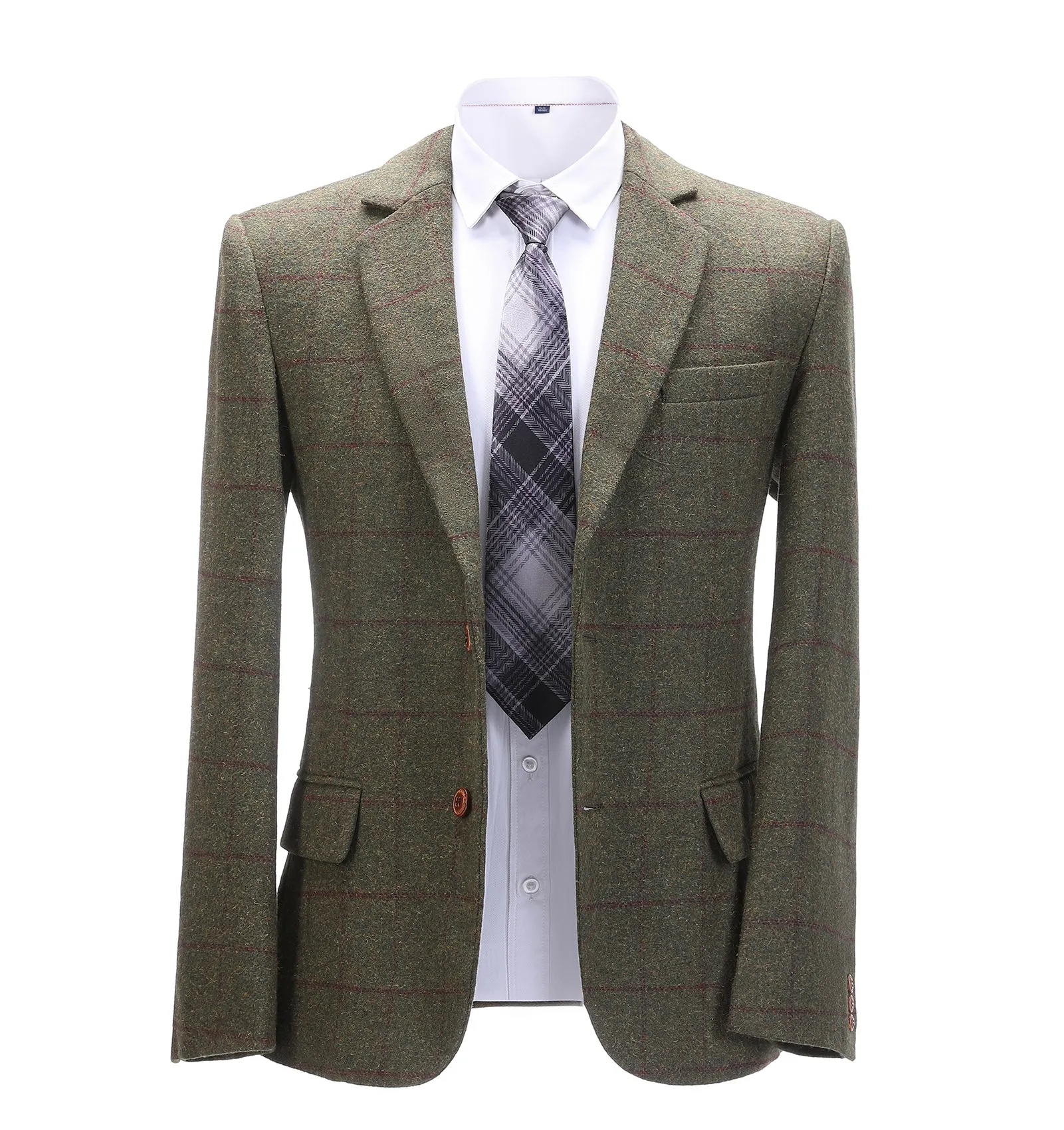 Formal Men's Tweed Green Plaid Notch Lapel Blazer