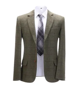 Formal Men's Tweed Green Plaid Notch Lapel Blazer