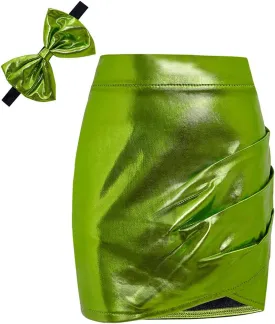 Girls Metallic Skirts Sparkle Shiny Toddler Baby Mini Ruched Skirts PU Faux Leather Short Skirt with Cute Headbands
