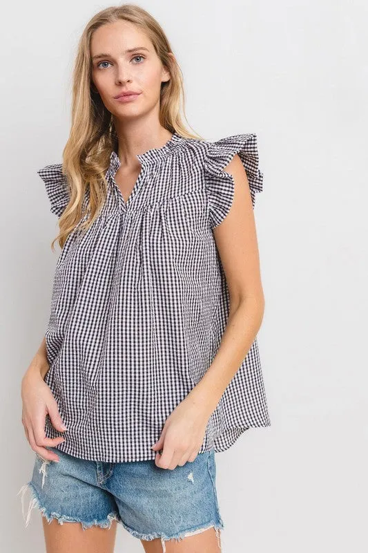 Hazel Blues® |  Ces Femme Plaid Notched Ruffled Cap Sleeve Blouse