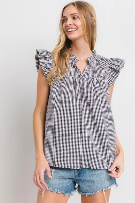 Hazel Blues® |  Ces Femme Plaid Notched Ruffled Cap Sleeve Blouse