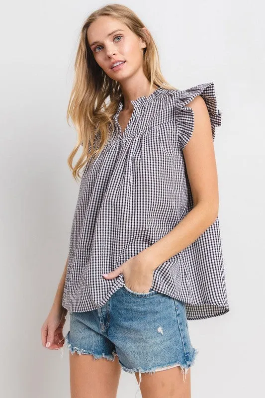 Hazel Blues® |  Ces Femme Plaid Notched Ruffled Cap Sleeve Blouse