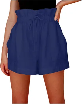 HGps8w Paperbag Shorts for Women Cotton Linen Casual Elastic Waist Drawstring Shorts Comfy Baggy Lounge Shorts with Pockets