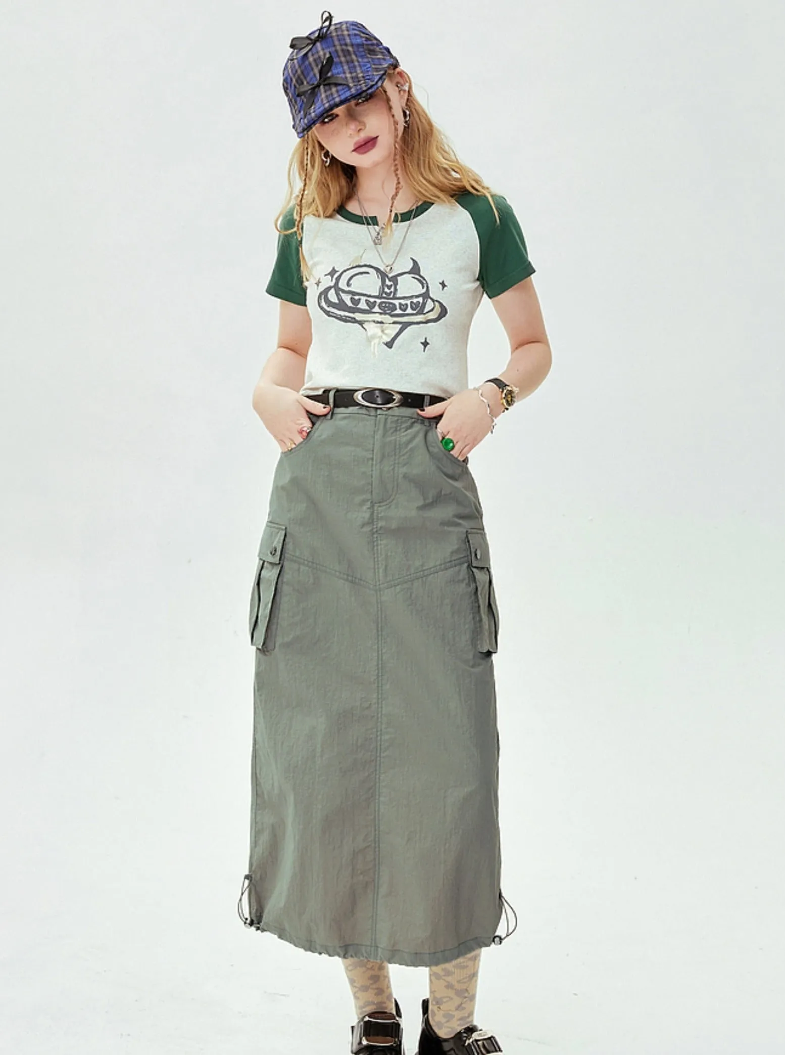 High-Waisted Cargo Long Skirt