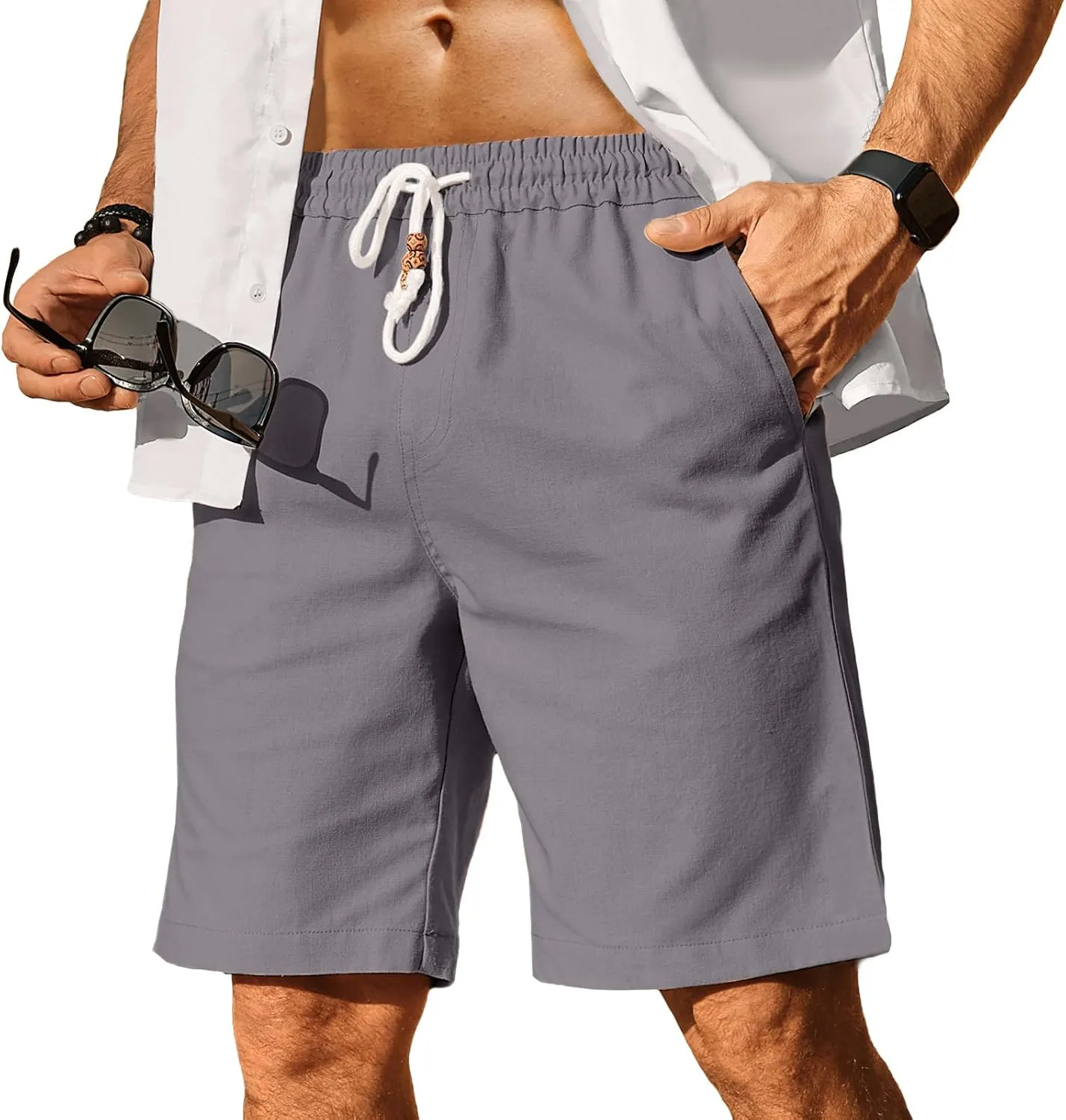 HOTake Men's Linen Shorts Casual Drawstring Elastic Waist Summer Beach Vacation Shorts