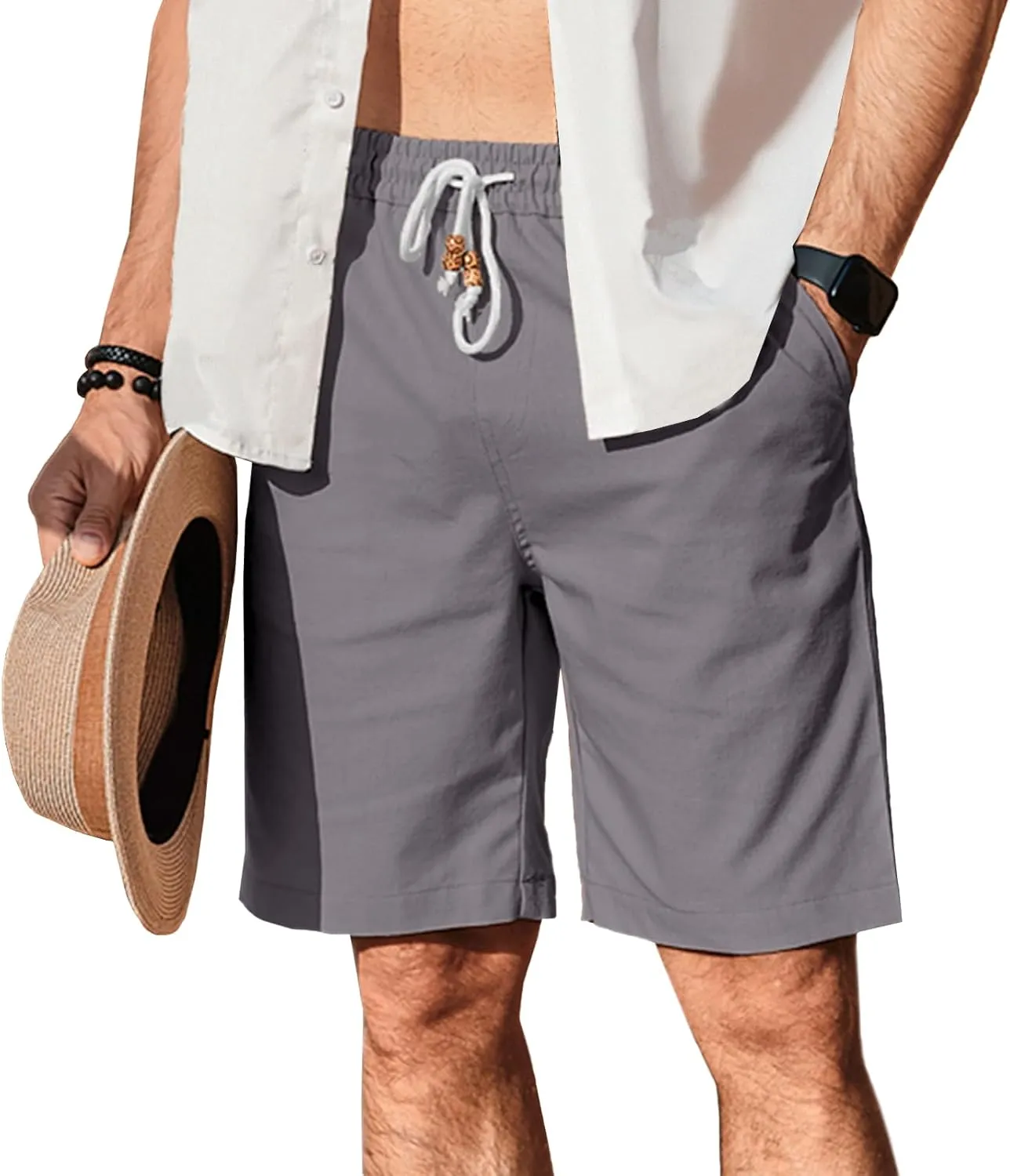HOTake Men's Linen Shorts Casual Drawstring Elastic Waist Summer Beach Vacation Shorts