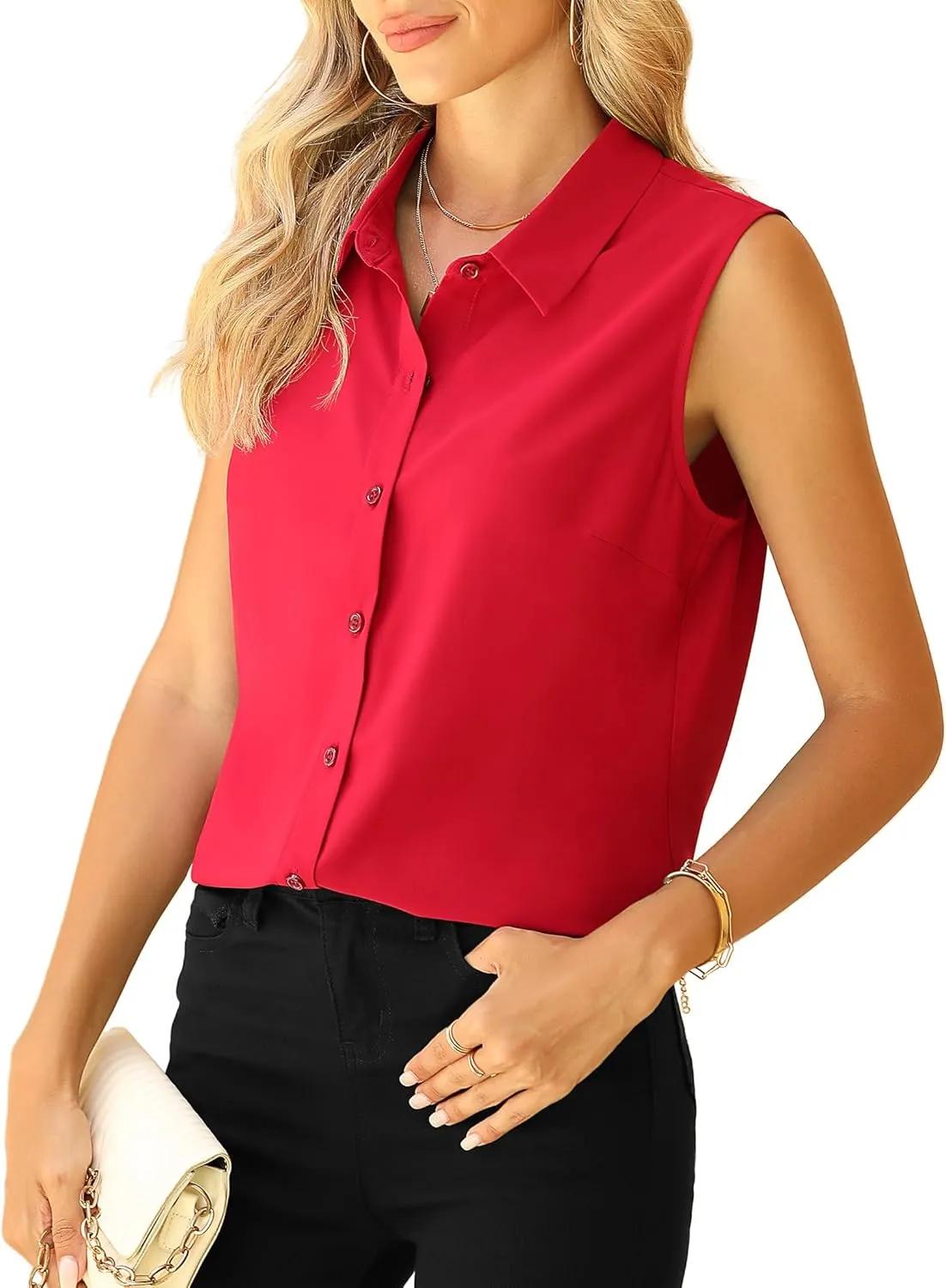 Jouica Womens Sleeveless Blouses Button Down Collared Shirts for Work Casual V Neck Tank Tops