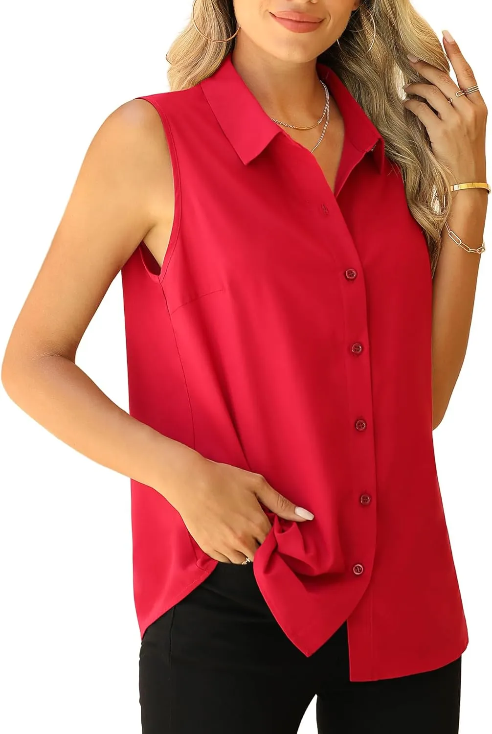 Jouica Womens Sleeveless Blouses Button Down Collared Shirts for Work Casual V Neck Tank Tops