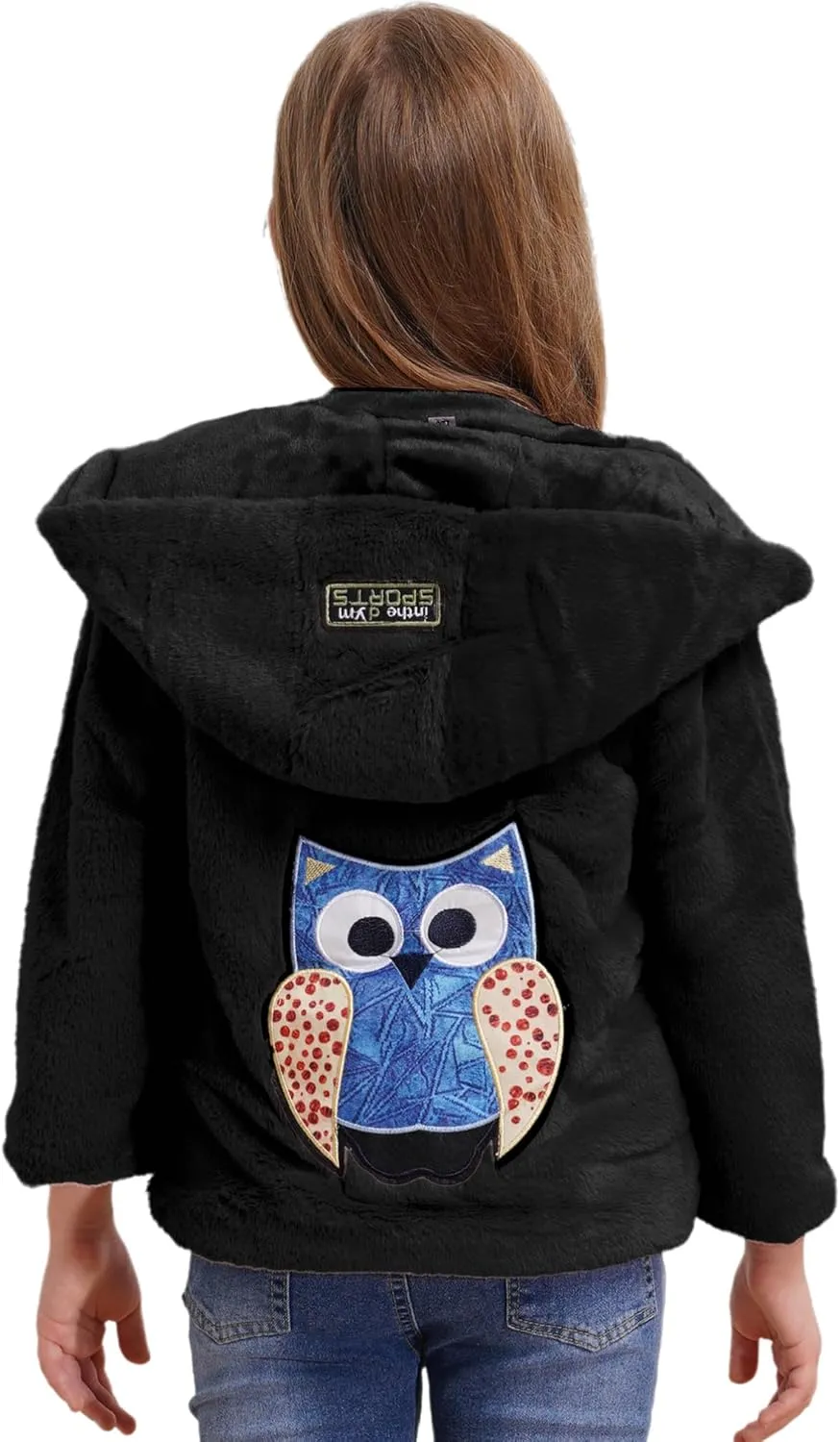 Kids Girls Kids Girls Winter Warm Coats Faux Fur Owl Applique Long Sleeve Zippered Hooded Coat Fleece Jacket